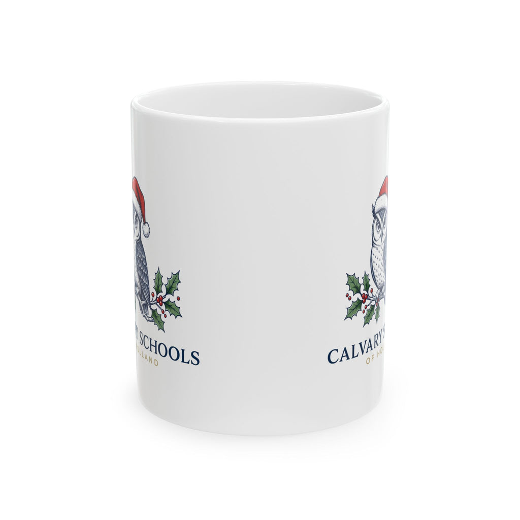 Calvary Schools of Holland Owl Mug - Santa Hat & Holly - White 11oz