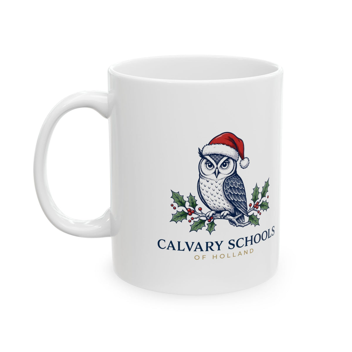 Calvary Schools of Holland Owl Mug - Santa Hat & Holly - White 11oz