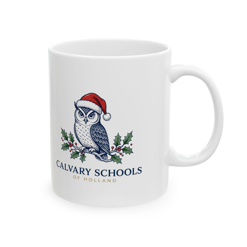 Calvary Schools of Holland Owl Mug - Santa Hat & Holly - White 11oz